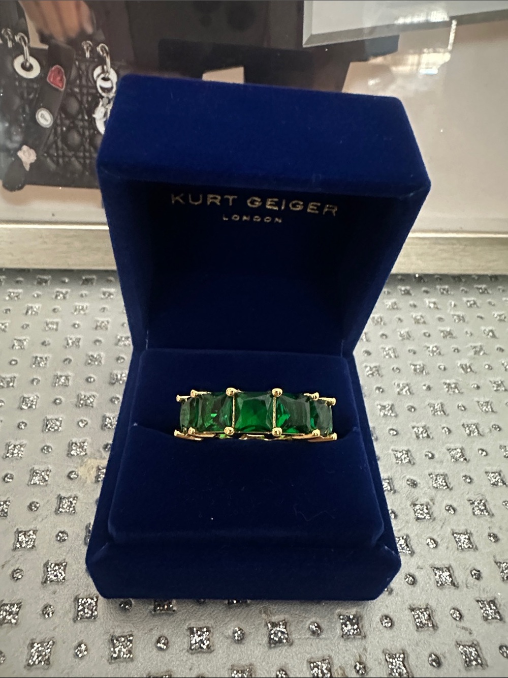 Kurt Geiger Gold-Tone Eternity Ring with Emerald Green Stones Size 8